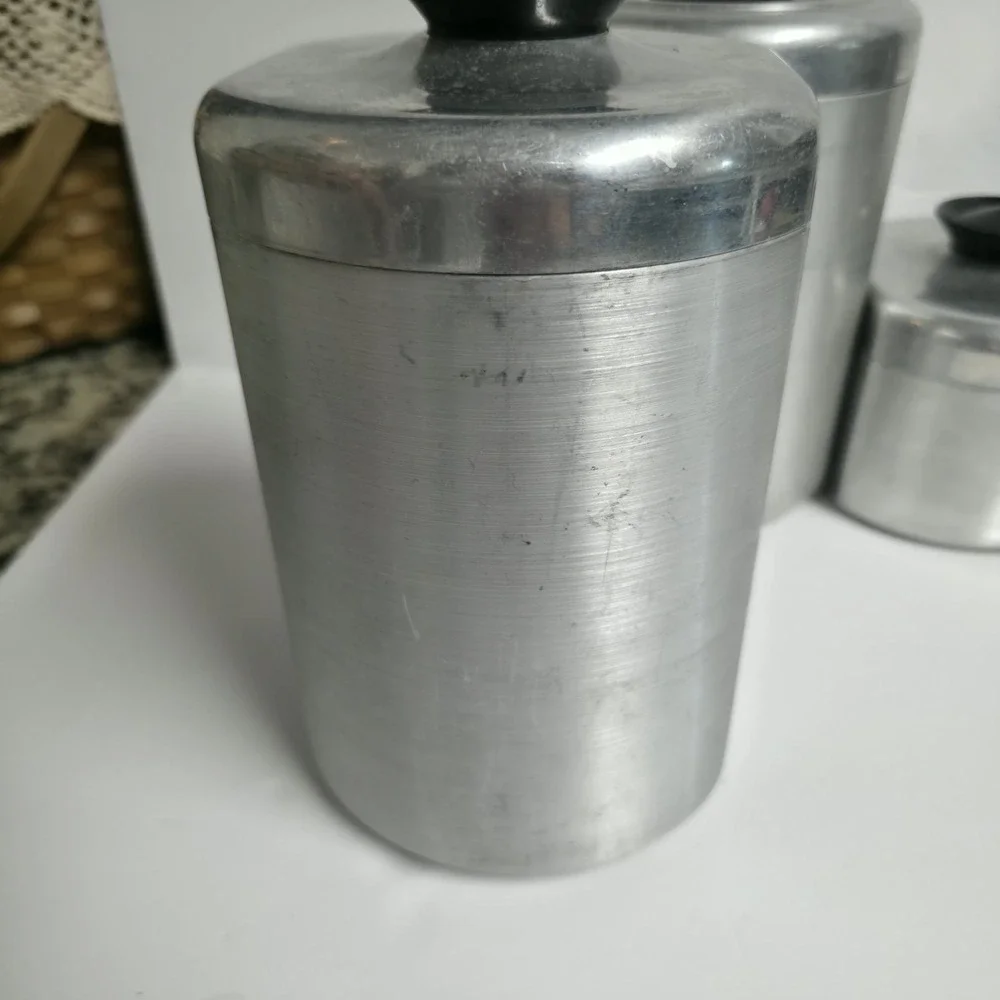 Vintage Kromex Aluminum Canister Set 4pc Flour Sugar Coffee Tea 1950s MCM Retro
